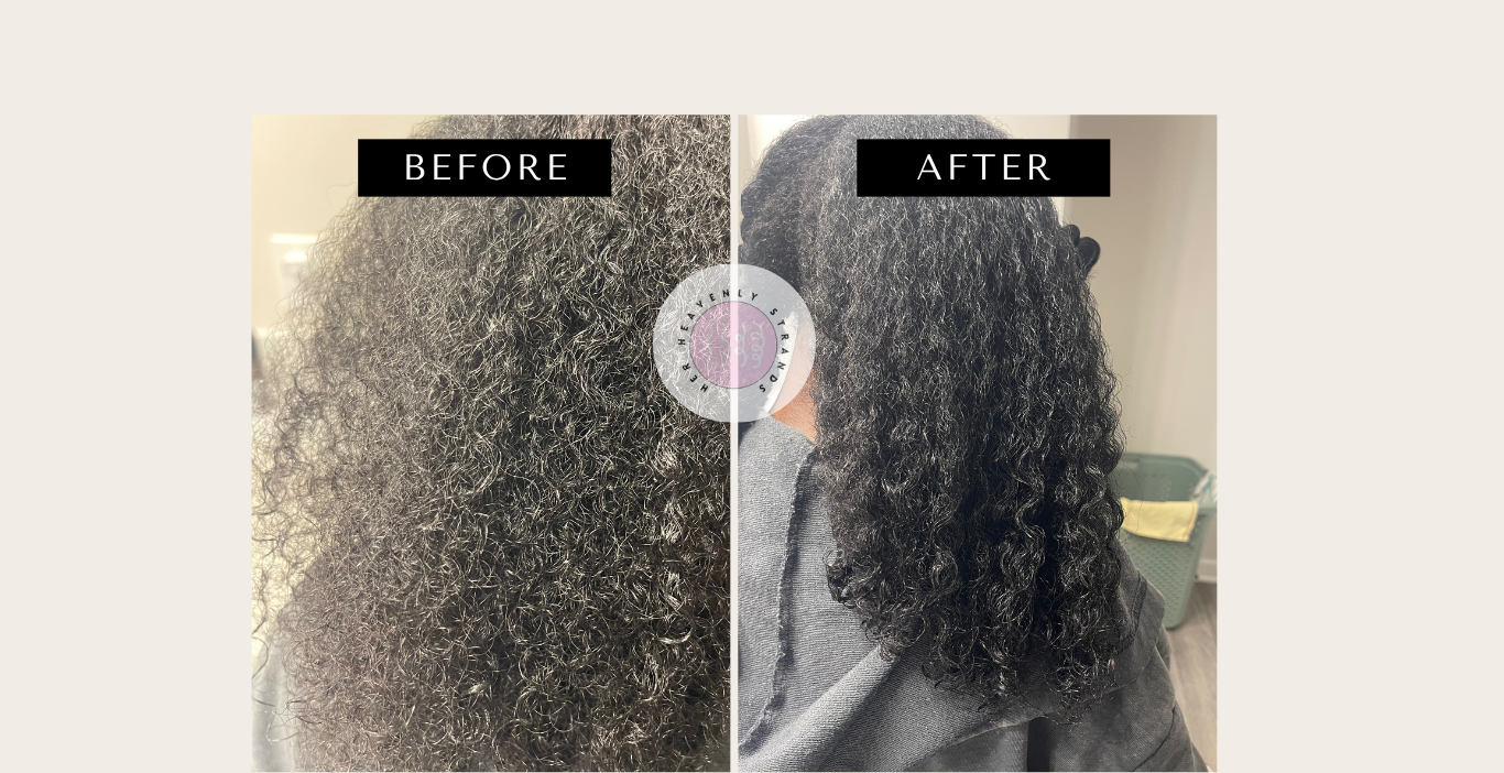 Before and after comparison of hair texture with a neutral background